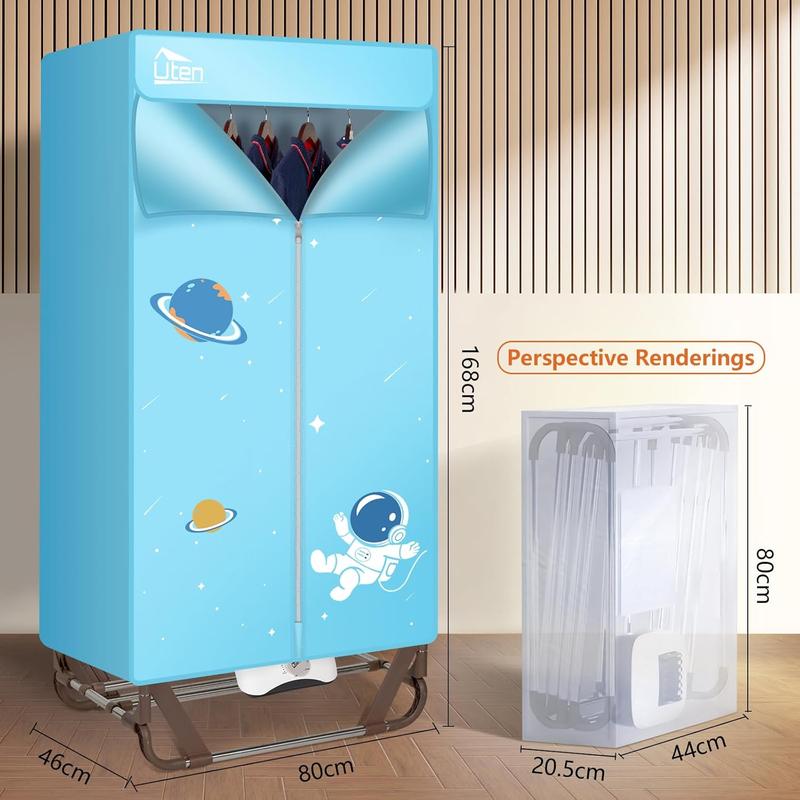 Uten Clothes Dryer Portable, 1500W Power Electric Clothes Hooded Dryer Machine with Timer, 2-Tier Laundry Drying Wardrobe, Foldable Clothes Drying Rack and Dryer for Travel, Apartments, RV, Home - Blue