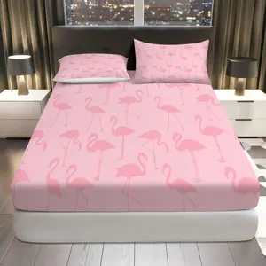 3Pcs Pink Flamingo Pattern Fitted Sheet Three Piece Set (1*Fitted Sheet+2*Pillowcases, Coreless), Summer Theme, Flamingo Bedding Set, Bedroom Living Room Decor, Soft, Breathable