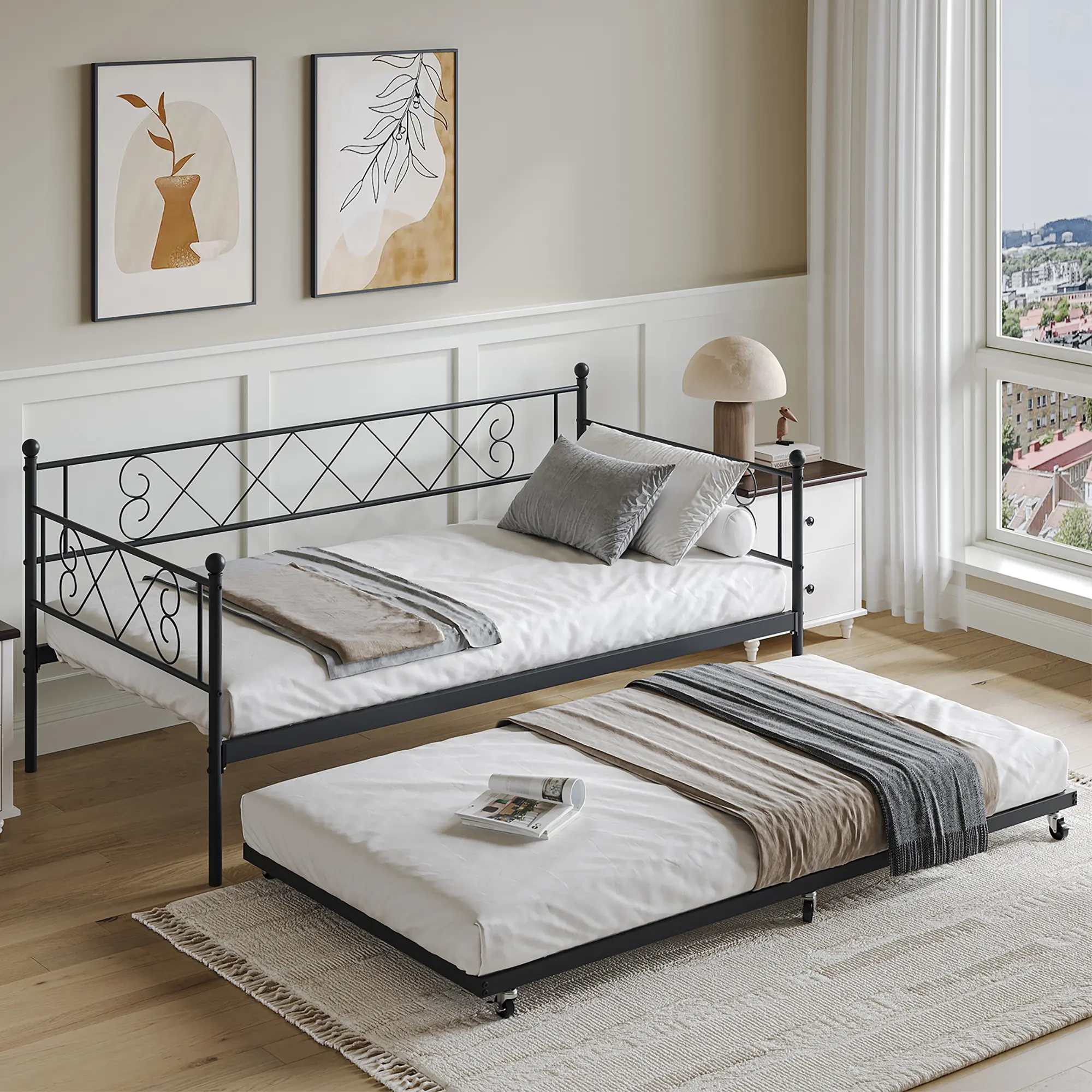 【GARVEE】Heart-Shaped Headboard Purple Metal Daybed with Pop-Up Trundle - Sturdy Steel Slats - Space-Saving Sofa Bed Frame for Living Room, Bedroom, or Guest Room - Easy Assembly - Ideal for Kids Room or Small Apartment