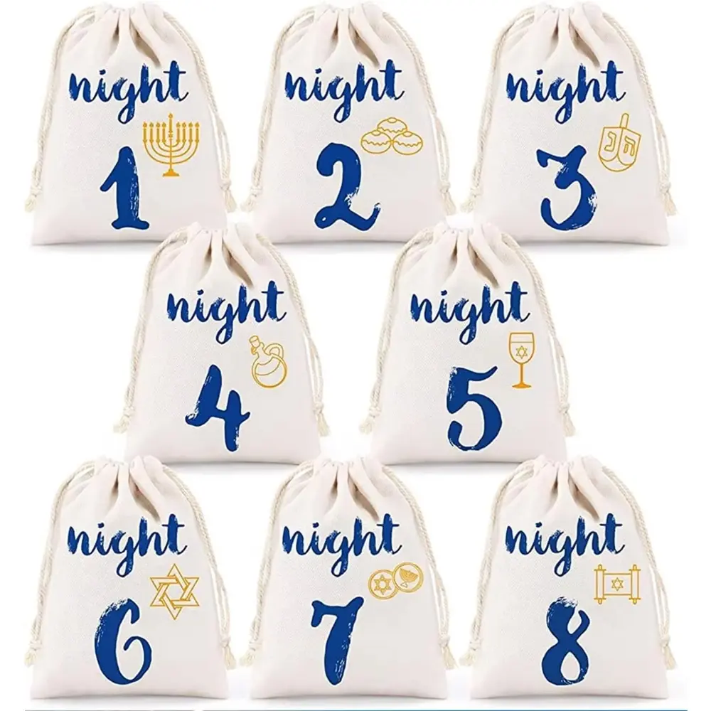 8pcs Hanukkah Burlap Gift Bags Festival of Lights Chanukah Treat Candy Cookie Packing Pouches for Jewish Holiday decoration Party Packs