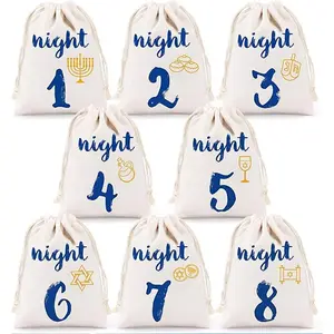 8pcs Hanukkah Burlap Gift Bags Festival of Lights Chanukah Treat Candy Cookie Packing Pouches for Jewish Holiday decoration Party Packs