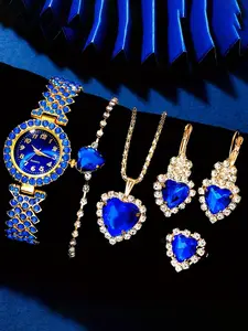 Women's Elegant Fashion Watch & Jewelry Set, Including Round Dial Analog Quartz Watch & Heart Shaped Pendant Necklace & Earrings & Ring