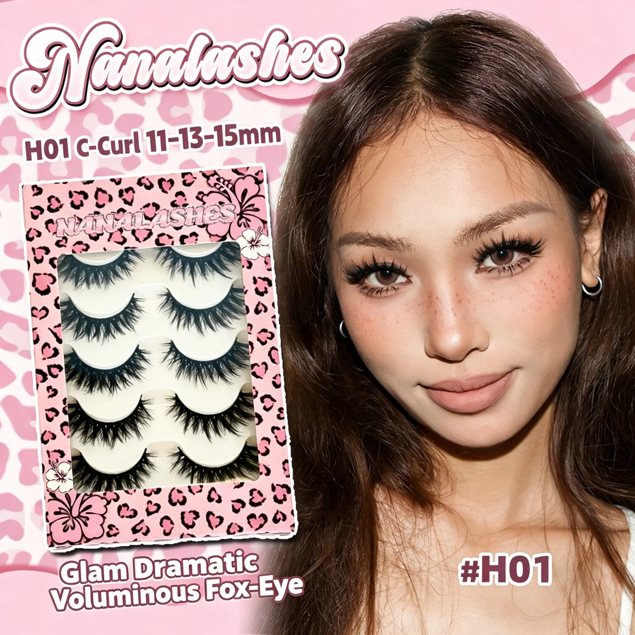 H01 Voluminous 3D Strip Lashes, Extended Outer Corner Barbie Eye Look