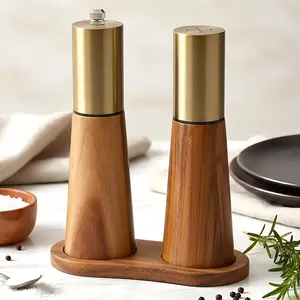 Salt And Pepper Grinder Mill Set with Wood Base, Stainless Steel Manual Salt Shaker And Pepper Mill, Adjustable Thickness, Suitable for Kitchen, Barbecue, Picnic