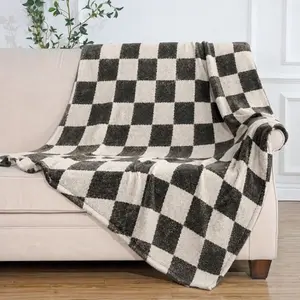 Boho Minimalist Home Decor Throw Charcoal Gray & Cream Checkerboard Plush Throw Blanket, 1 Count Cozy Warm All-Season Blanket, Nap Blanket for Couch Sofa Bedroom Living Room