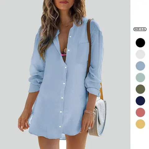 Imily Bela Womens Beach Cover Up Button Down Shirts Summer Cotton Gauze Tops Long Sleeve Bikini Swimsuit