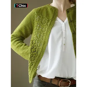 Women's Plain Hollow Out Button Front Cable Knit Cardigan, Casual Long Sleeve Round Neck Cardigan for Spring & Fall, Women's Knit Clothing for Daily Wear