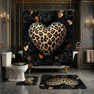 4Pcs Shower Curtain Set Leopard Heart, Black Rose, Gold Foil, Bathroom Sets with Rugs, Christmas Halloween Thanksgiving, Bathroom Decor, Golden Leopard Print Heart With Black Roses And Gold Leaf Accents On Dark Background