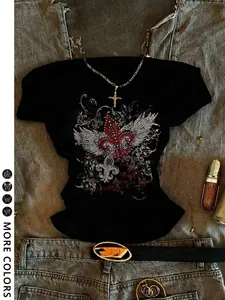 Women's Asymmetrical Neck Short Sleeve T-Shirt, Top Y2K Summer Vacation Wear, Wing Print Shoulder Cutout Tee, Casual Home Comfort Clothing