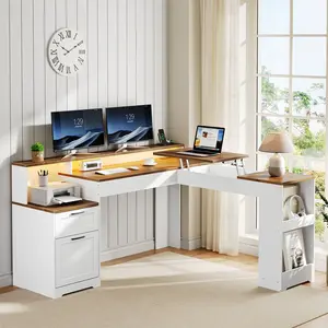 Farmhouse 63" L Shaped Standing Desk, Corner Computer Desk with Drawers, Office Desk with File Drawers with RGB Lighting & Charging Station, Monitor Stand and Storage Shelves, White and Walnut #SummerVibes