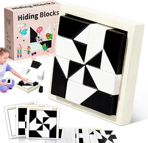 Hidden Children's Blocks Black and White 3D Geometric Block Puzzles for Early Learning Ages 3 and Up, Includes Storage Tray