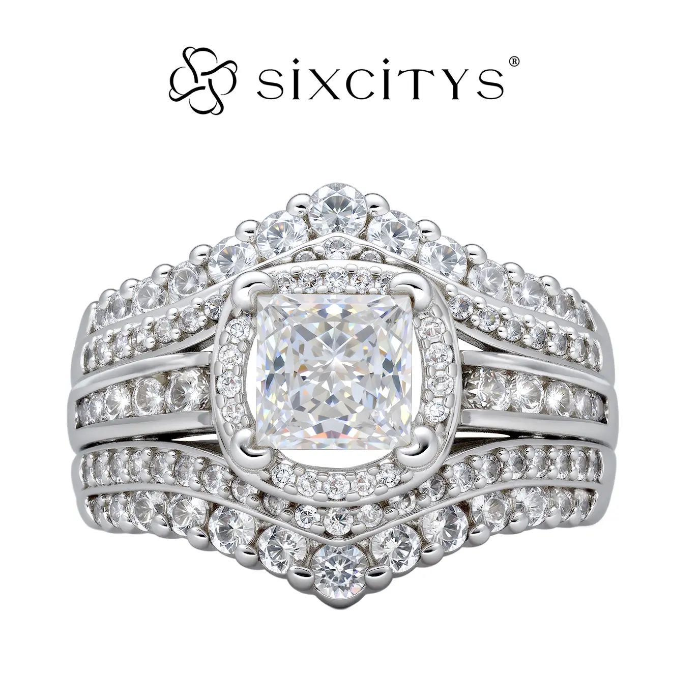 【V27】Promotional Event Elegant Square Shaped Rhinestone Decorated Multi-layered Cubic Zirconia Ring, Luxury Jewelry for Women, Trendy All-match & Exquisite Jewelry for Birthday Gift