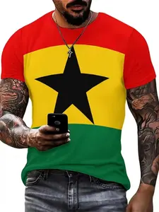 Ghana Flag T-Shirt Print, Ghana Cultural Clothing with African Star Logo, Soft Polyester Fabric, Comfortable Short Sleeve Round Neck