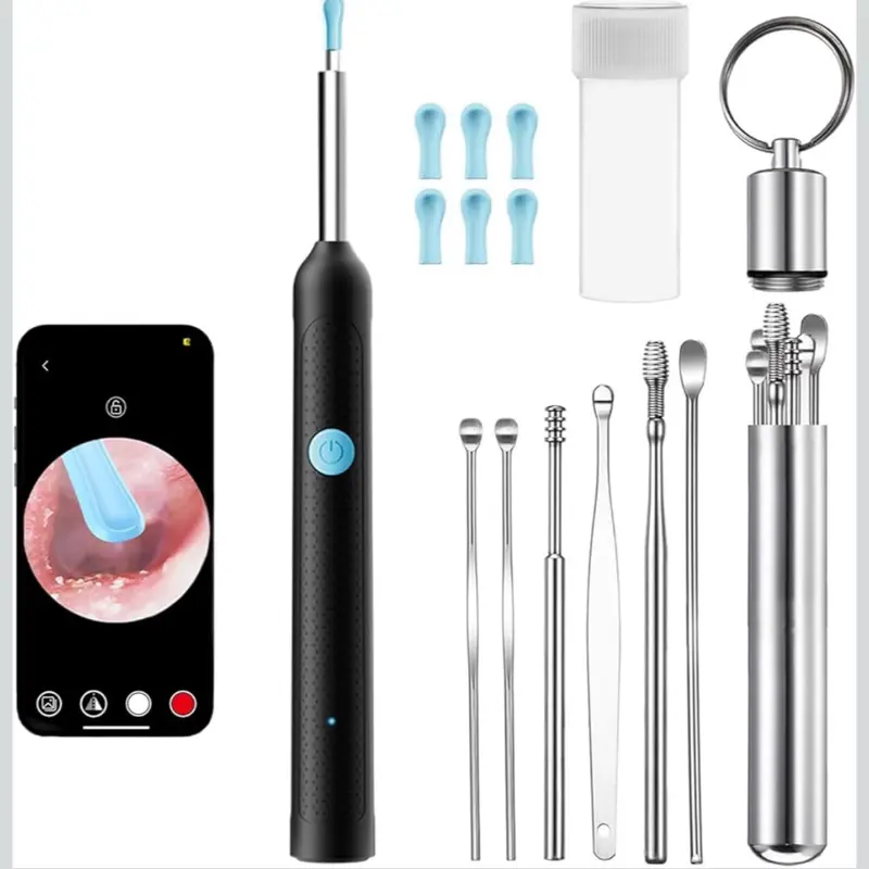 Ear Wax Removal Tool - Rechargeable Ear Cleaner with Camera, 1080P HD Ear Scope & 6 LED Lights and 6 Ear Picks, Earwax Removal Kit with 10 Traditiona Ear Care Kits, Black