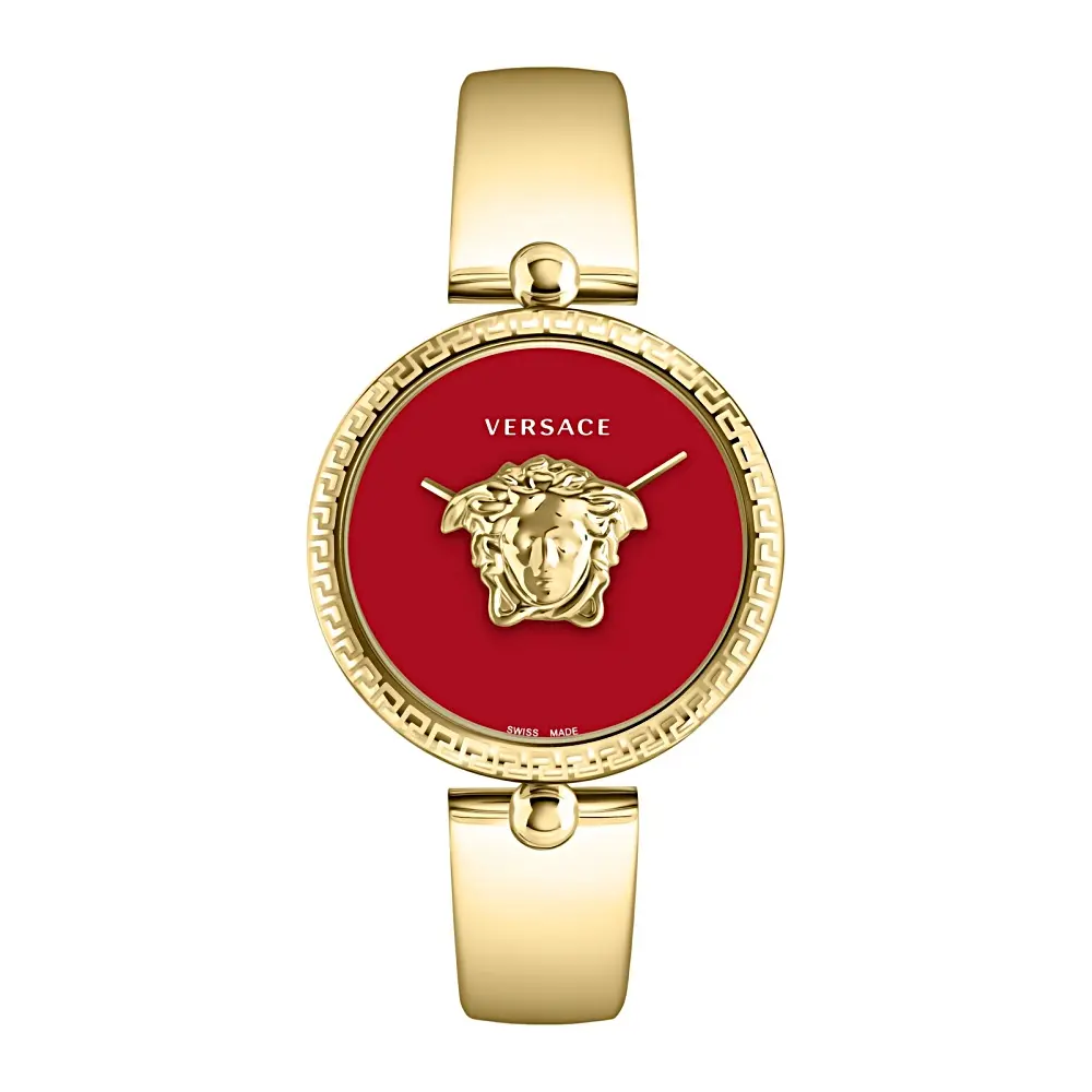 Palazzo Empire Women's Watch, Luxury Wear with Red Guilloche Enamel Dial, 3D Medusa Head, 39mm Yellow Case & Bracelet, Bold Look, All Seasons