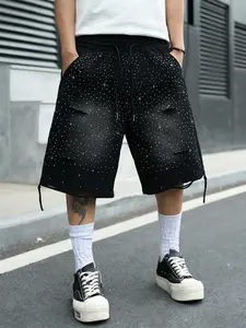 Unisex Black Rhinestone Distressed Shorts, Loose Sparkle Streetwear Shorts with Drawstring Waist, Goth Punk, Y2K Retro Style, Lazy Summer Casual, Festival Outfit, Beach Ready, Night Out Look, Unisex Fashion Lovers Essential Shorts