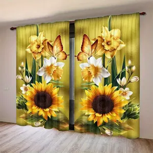 Sunflower Butterfly Pattern Half-Blackout Curtains, Window Curtain, Home Textile, Digital Print Polyester Fiber, Rod Pocket Design, Easy Installation, Bedroom & Living Room