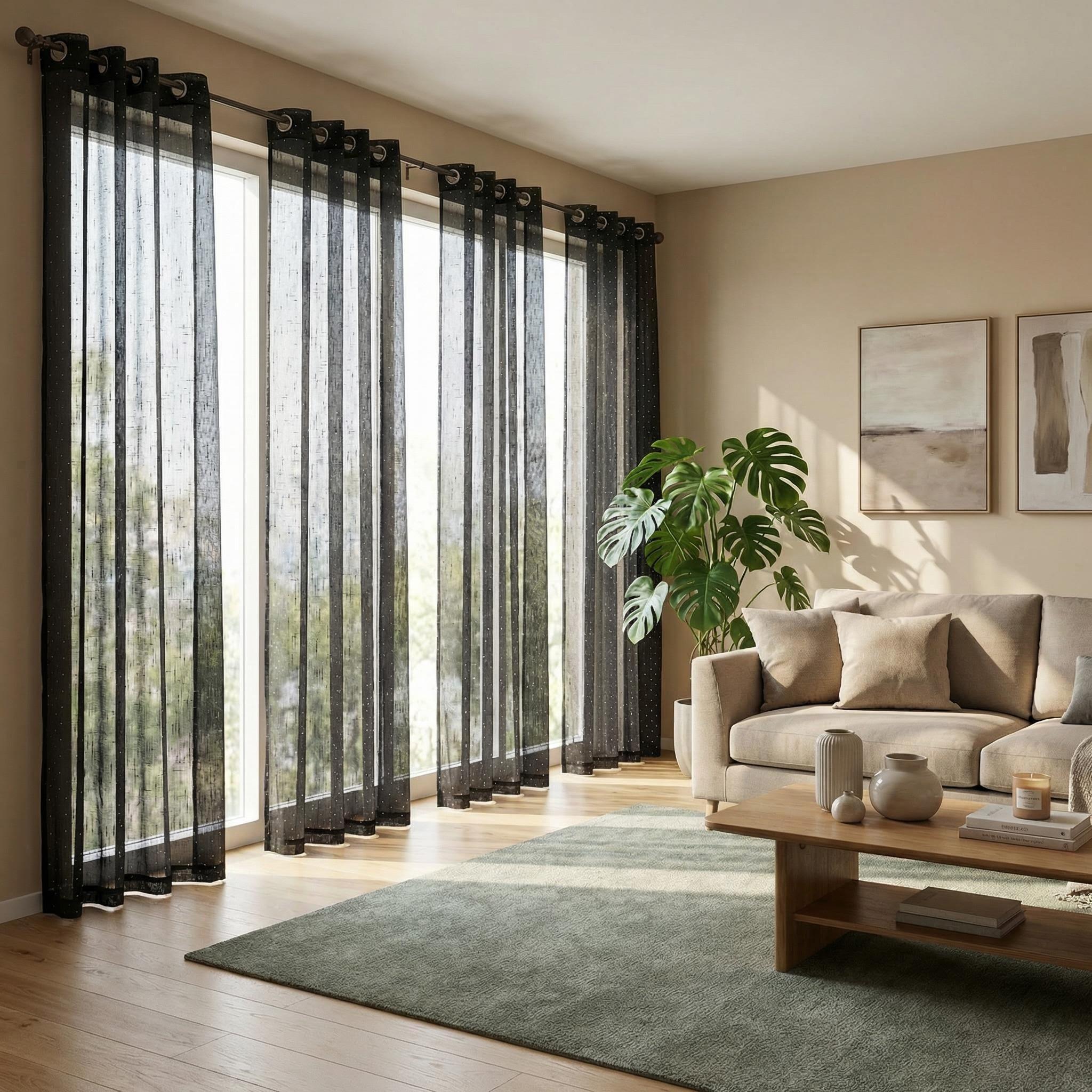 Curtain Club 8 Panels 34X84 Inch Diamond Beaded Twill + Full-Length Chiffon Curtain Set. Each style contains 4 pieces. All are plain chiffon fabric, translucent, with iron rings, woven, rod type, FT2930 + L12