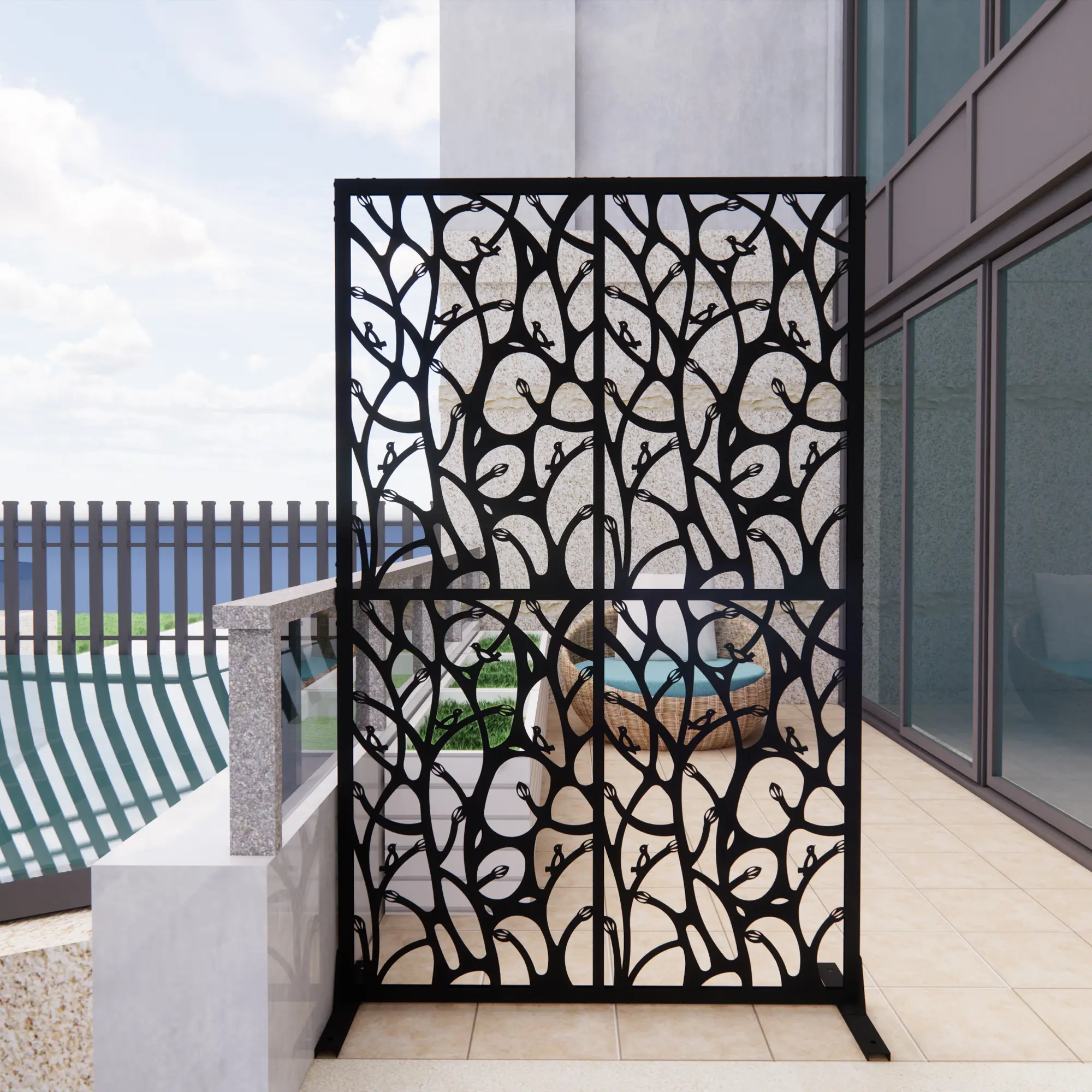 Freestanding Metal Privacy Screen 72" H x 45.3" W, Decorative Bird Shape Cutout, Indoor/Outdoor Room Divider for Balcony, Patio, Garden, Living Room, Black Iron, Rustproof Powder Coated, Easy Assembly