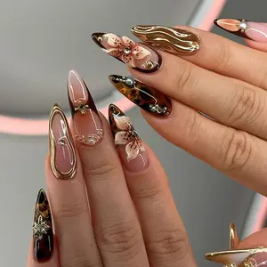 US-NAIL - 24Pcs Gold Ripple Brown Flowers False Nails with Rhinestones Pearl Design Wearable Almond False Nails Full Cover Press on Nails