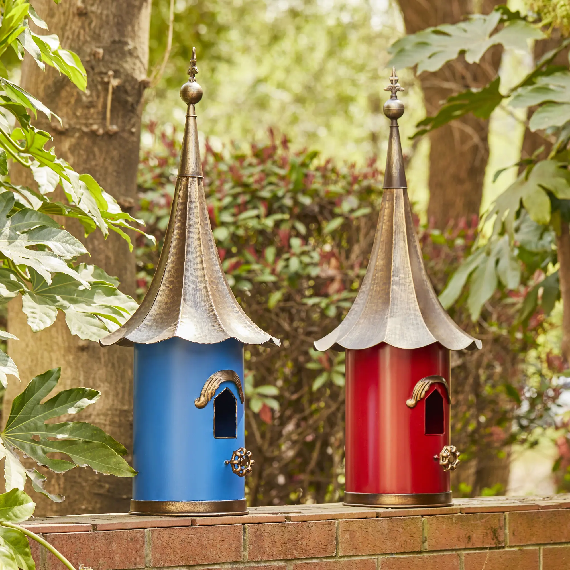 Glitzhome 32"H Farmhouse Blue High-Quality Metal Pagoda Birdhouse for Small Feathered Friends, Backyard Safe Nesting, Bronze Removable Roof, Easy Assembly (KD), Eco-Friendly and Safe