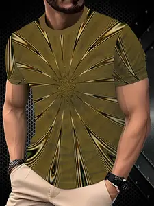 High-End Luxury Men's Ice Silk Short Sleeve T-Shirt, Summer New Business Casual Round Neck Top, Geometric Gradient Pattern, Breathable and Comfortable