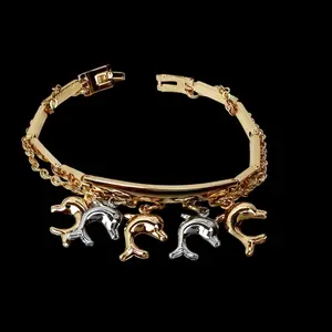 18K Gold Plated Stainless Steel Multi Chains Bracelet with Dolphins Charms for Women