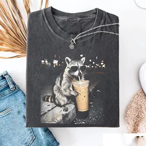 Raccoon Drinking Iced Coffee Tshirt | Funny Animal Meme Tee | Coffee Lover Raccoon Shirt | , Unisex Graphic T Shirt