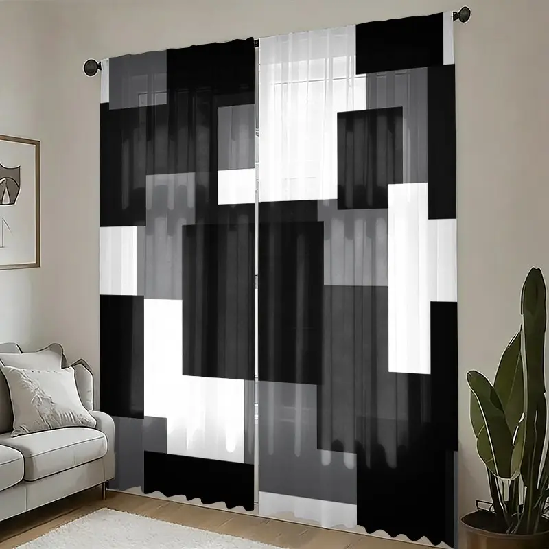 Set of 2 Modern Abstract Multicolor Geometric Patchwork Curtains, Home Decoration Curtain, Semi-Sheer, Fade-Resistant Polyester with Rod Pocket Design, Light-Filtering, Machine Washable Rod Pocket Drapes for Bedroom, Office, Living Room, Home Decor