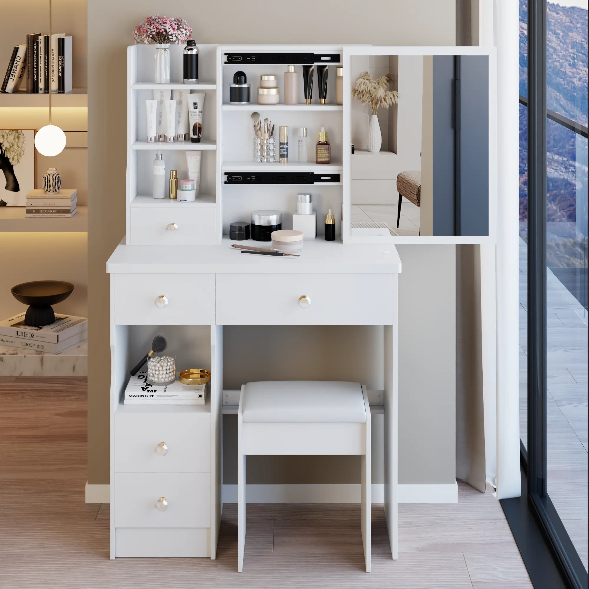 29.2" Small Space Vanity Table with Cushioned Stool, Extra Large Sliding Mirror & Multi-Layer Storage, Practical Fashionable Dresser for Small Bedrooms