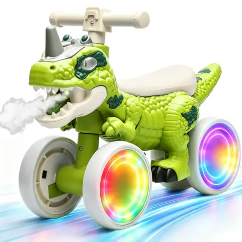 Dinosaur Balance Bike for Toddlers 1-3 Yrs - 4-Wheel No-Pedal Walker Scooter, Toys for Boys, ASTM & CPC Certified, Light-Up Wheels, Spray Function, T-Rex Dino Sounds, Music, EVA Tires, Safety-Enhanced Design