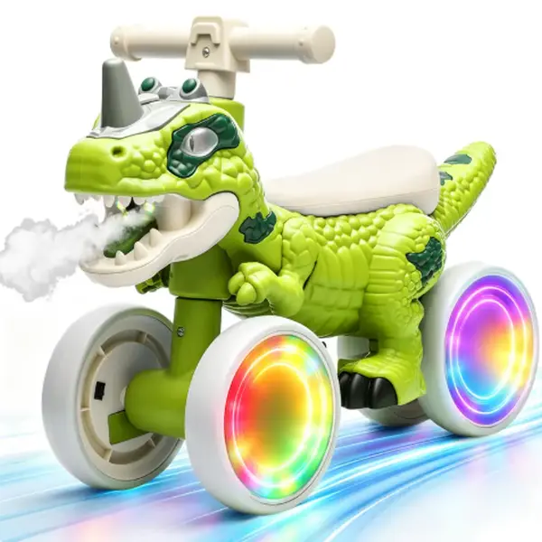 Dinosaur Balance Bike for Toddlers 1-3 Yrs - 4-Wheel No-Pedal Walker Scooter, Toys for Boys, ASTM & CPC Certified, Light-Up Wheels, Spray Function, T-Rex Dino Sounds, Music, EVA Tires, Safety-Enhanced Design