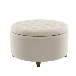 Prescott 28" Large Round Storage Ottoman with Lift-Off Lid, Cream Pintucked Ottoman Bench for Living Room, Bedroom, Entryway