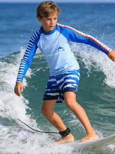 Professional Surfing Swimsuit Blue Striped Design Long Sleeve Sun Protection Two-Piece Swimwear Set Shorts