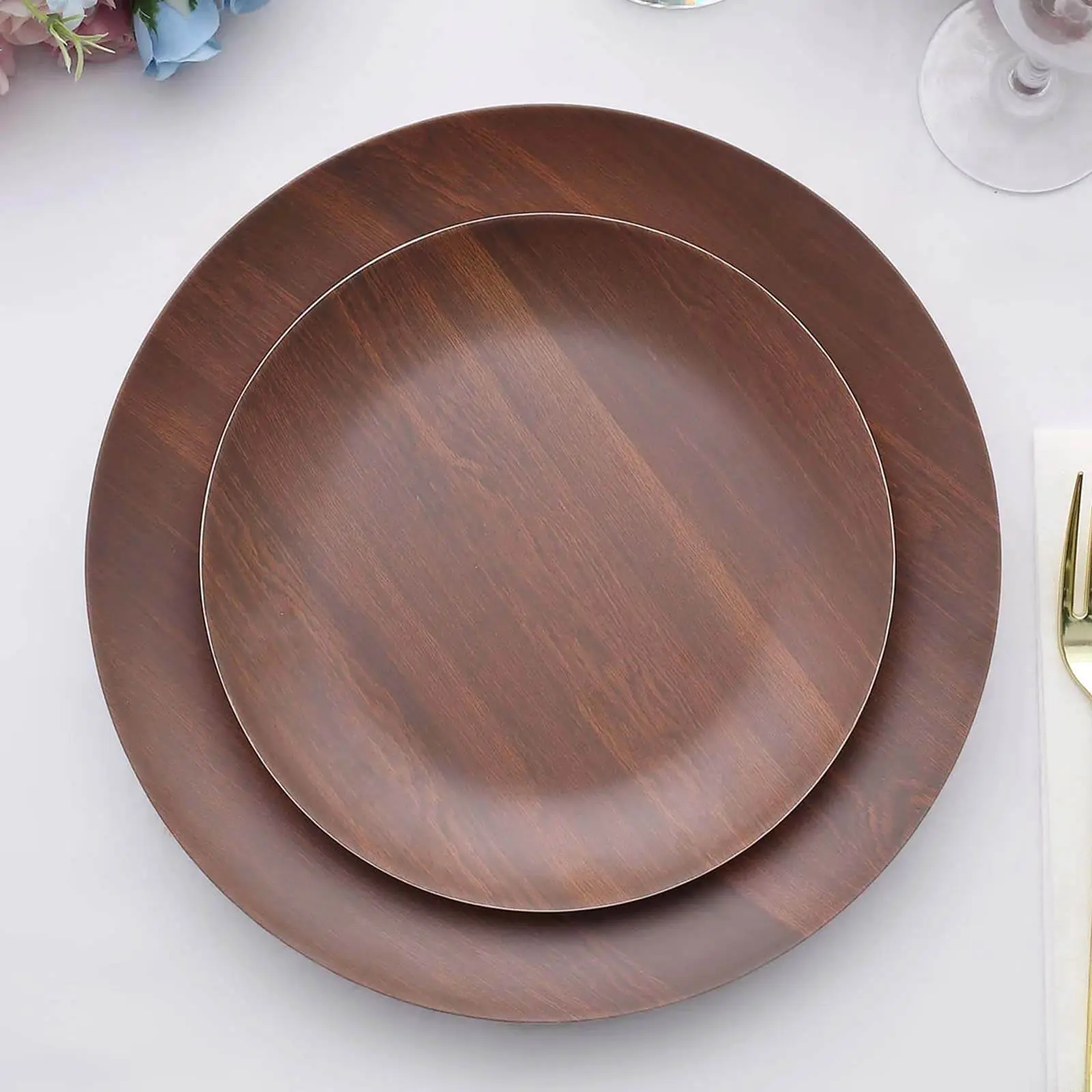 Farmhouse Heavy-Duty Melamine Round Dessert Plates - Rustic Brown, Harder Than Plastic, Non-Microwave Safe, Ideal for Banquets, Camping Trips, Round Plates, Not Microwave Safe