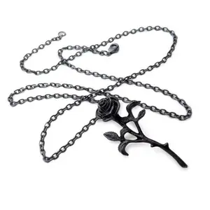 Pewter Rock Gothic Black Rose Necklace
