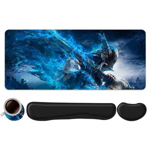 4pcs Cool Blue Flame Knight Game Design Mouse Pad + Keyboard Wrist Rest + Ergonomic Mouse Pad + Coaster Set, Office Accessories Set with Ergonomic Wrist Support, Computer Mat for Desktop Decoration, Suitable for Home Office Gaming, Extended Mousepad