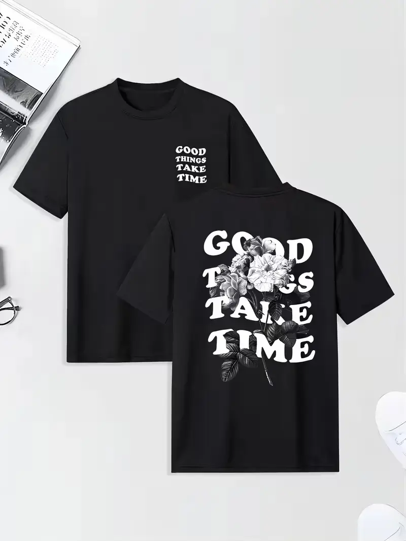 Good Time Print Round Neck Short Sleeve Tee Fashion Regular Fit T-Shirt Top For Spring Summer Holiday