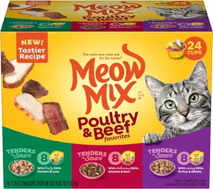 Meow Mix Tender Favorites Poultry & Beef Variety Pack, Wet Cat Food, 2.75 oz Cup (24 Pack)