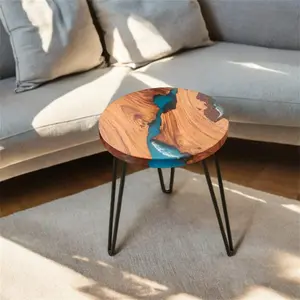 18" Blue Round Epoxy Resin Wood Side Table, Mid Century Modern Ocean Wave Epoxy Resin Accent End Table with Hairpin Legs, Housewarming Gift