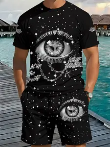 Night Starry Eyes Full Print 3D Digital Printing Two-Piece Set, 2Pcs, Trendy and Fashionable Set, Trendy Retro Casual Two-Piece Set, Vacation Style Trendy Outfit, Breathable Fitted Sports Casual Style, a perfect holiday gift for men