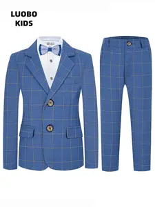 Boys Blue Plaid Formal 3-Piece Suit | Plaid Blazer + Elastic Waist Pants + Blue-White Bow Tie | Slim Fit | Sizes 100-150cm | Perfect for Birthdays, Weddings, Parties & School Events (No Shirt Included) Clothes-21167