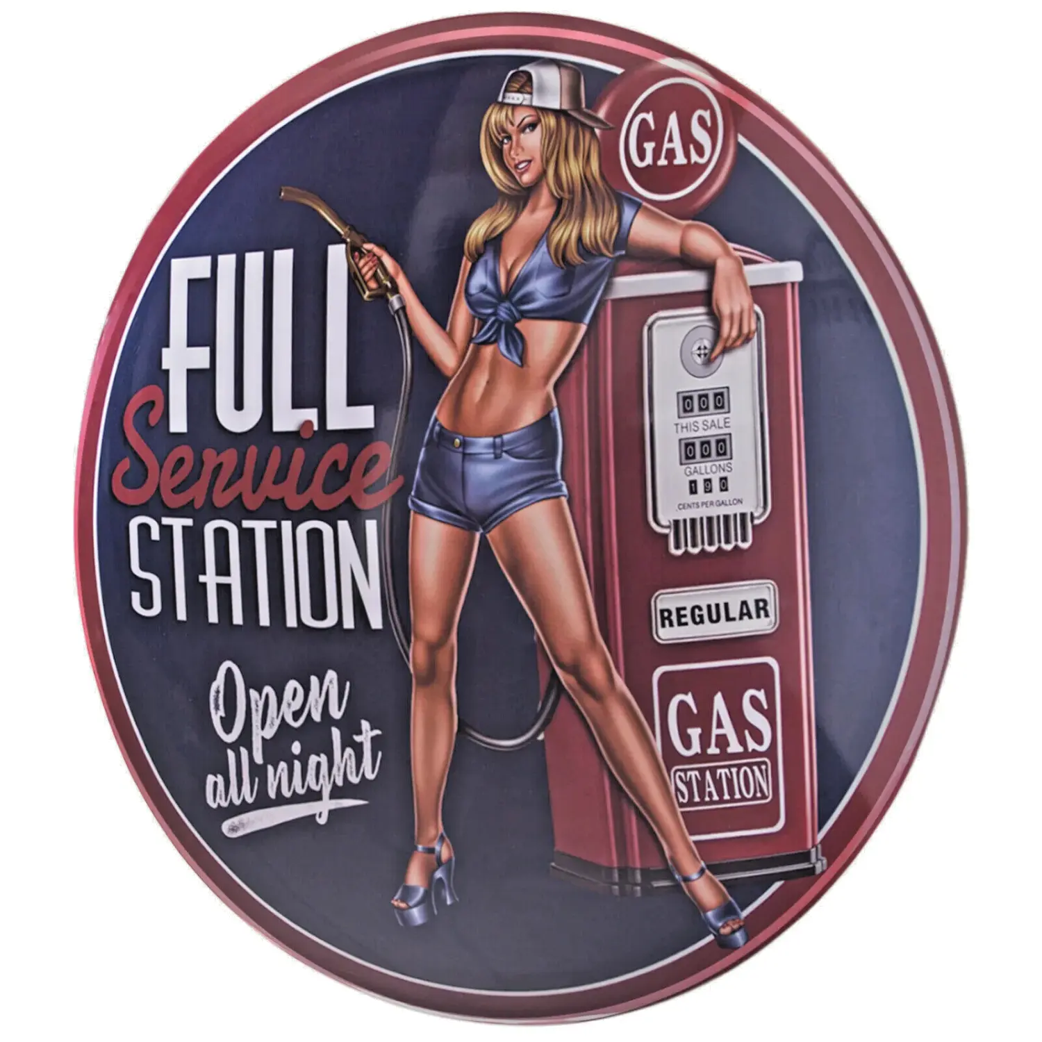 Vintage Metal Sign Home Decoration, 16" Lightweight Concave Dome Rounded Retro Full Service Station Open All Night Pin-Up Girl Wall Decor, Whimsical Home Decor Plaque
