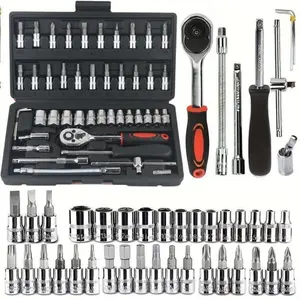 46-Piece Car Repair Tool Set Heavy-Duty Chrome Vanadium Steel Socket Wrench Kit for Home Repairs & Bicycle Care Perfect Valentine's Day Gift for Men