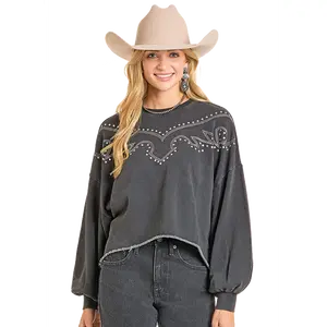 ROCK & ROLL COWGIRL BLACK EMBROIDERED SWEATER BW91T06995