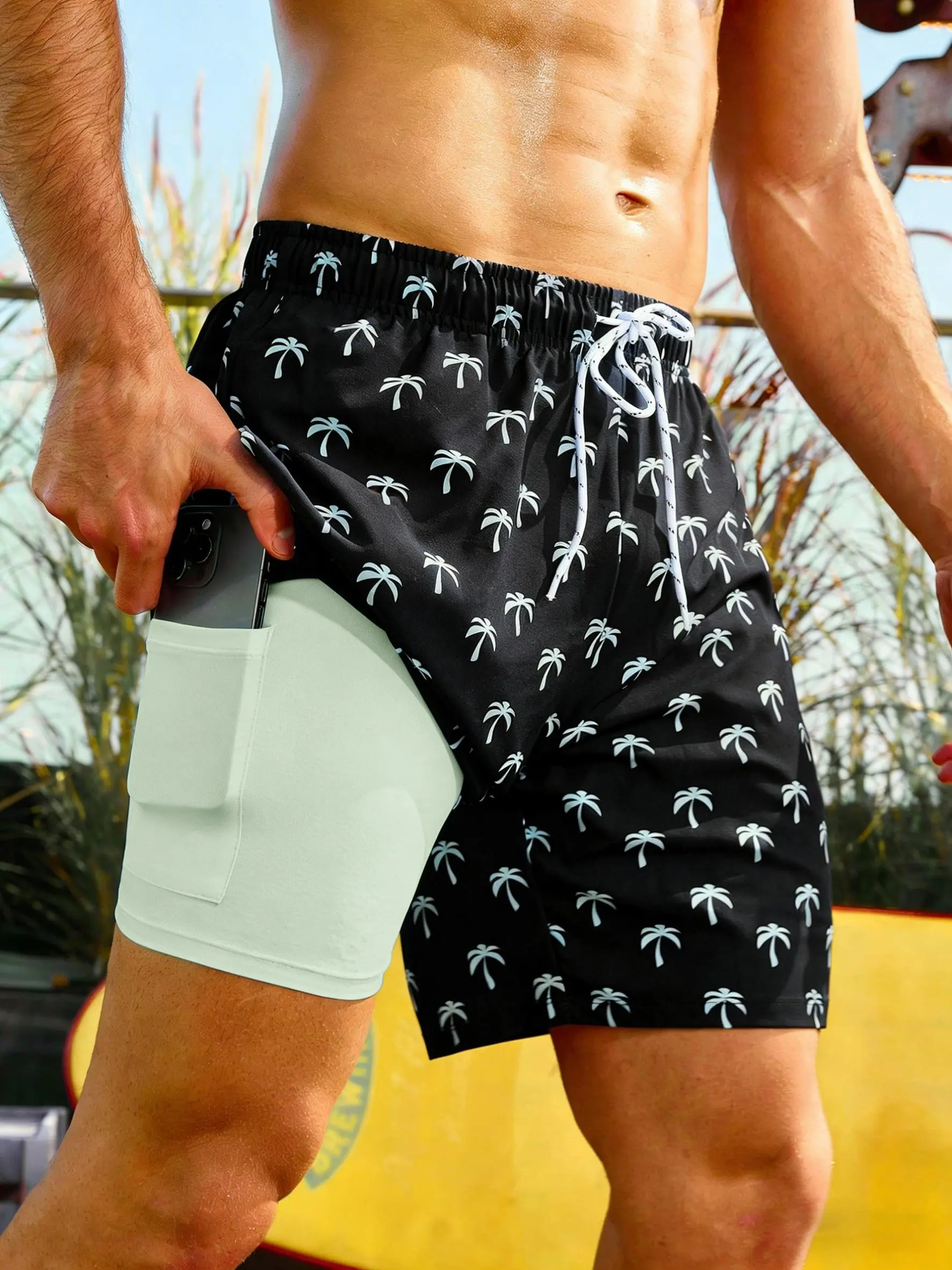 Santulu Men's 2-in-1 Swim Trunks - Quick-Dry Tropical Print Beach Shorts with Supportive Liner, Pockets & Drawstring Waist, Drawstring Swim Bottom, Swimwear Shorts