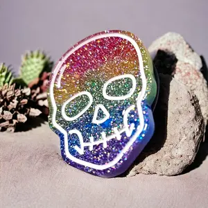 Rainbow Glitter Skull Phone Grip - Glitter Skull Design with Adhesive & Alcohol Pad Included for Installation - Durable Phone Grip Charm - Stand, Mount, Cellphone, Smartphone