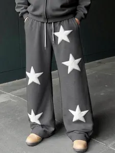 Unisex Star Loose Casual Pants, High Street Skateboard Style, Elastic Waist Drawstring, Long Straight Leg, All Seasons, Adjustable