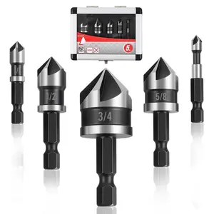 5 count Countersink Drill Bit Set, brocas para Madera,82 Degree5-Flute HSS Countersink Bit with 1/4" Hex Shank,Sizes 1/4"to 3/4 Fit for Sink Holes into Metal, ,Plywood&Plastic +  Case