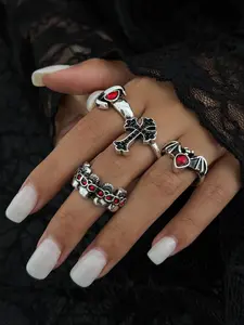 Halloween Skull Colorful Rhinestone Open Rings Set, Sweet Cool Fashion Vintage Halloween Jewelry, 4 Pcs Zinc Alloy Ring Collection, Statement Rings